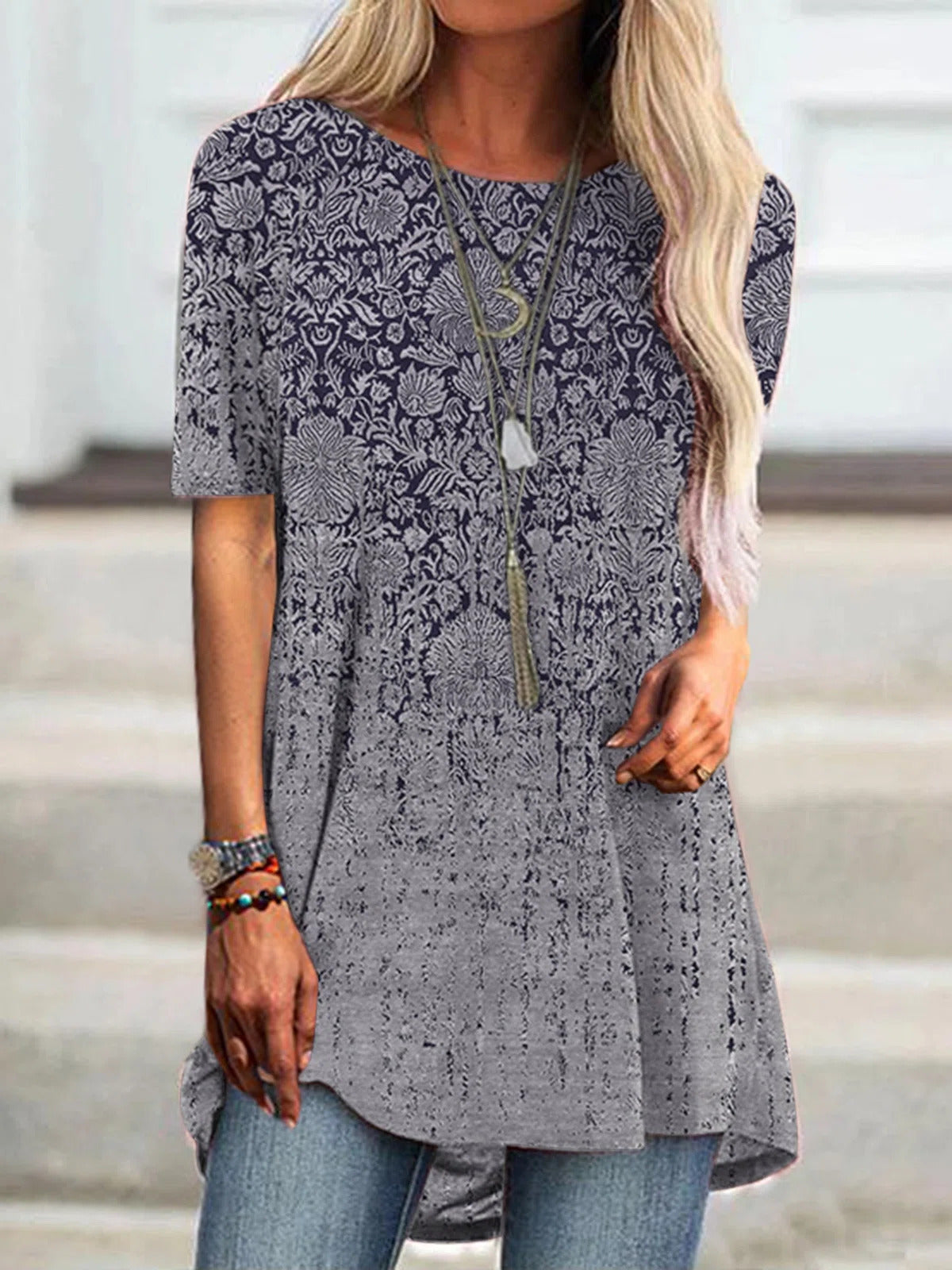 Tribal Print Boat Neck Short Sleeves Long T-shirt