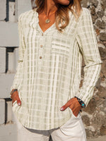 Plaid V-neck Buttons Casual Long Sleeves Blouse