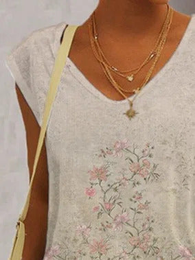 Floral Print V-neck Casual Sleeveless T-shirt