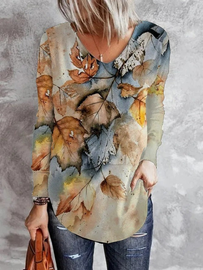 Maple Leaf Print V-neck Long Sleeves Sweatshirt