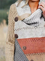 Color Block Heaps Collar Buttons Long Sleeves Sweater