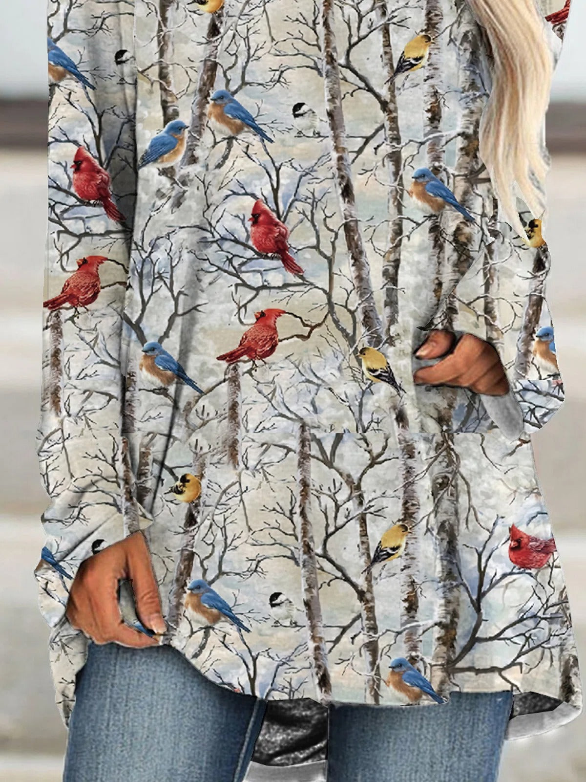 Cute Birds Print Crew Neck Long Sleeves Sweatshirt