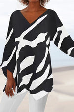 Abstract Print V-neck Irregular Hem 3/4 Sleeves Blouse