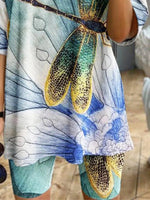 Dragonfly Print Crew Neck Short Shirt