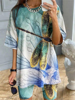 Dragonfly Print Crew Neck Short Shirt