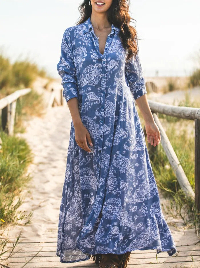 Graphic Print Lapel Buttons 3/4 Sleeves Maxi Dress
