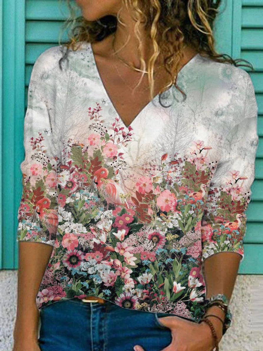 Floral Print V-neck Vacation Long Sleeves Sweatshirt