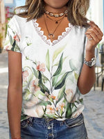 Floral Leaf Print V-neck Lace Short Sleeves T-shirt