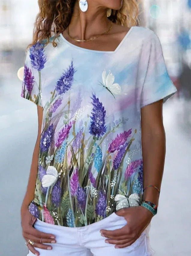 Lavender Print Asymmetric V-neck Short Sleeves T-shirt