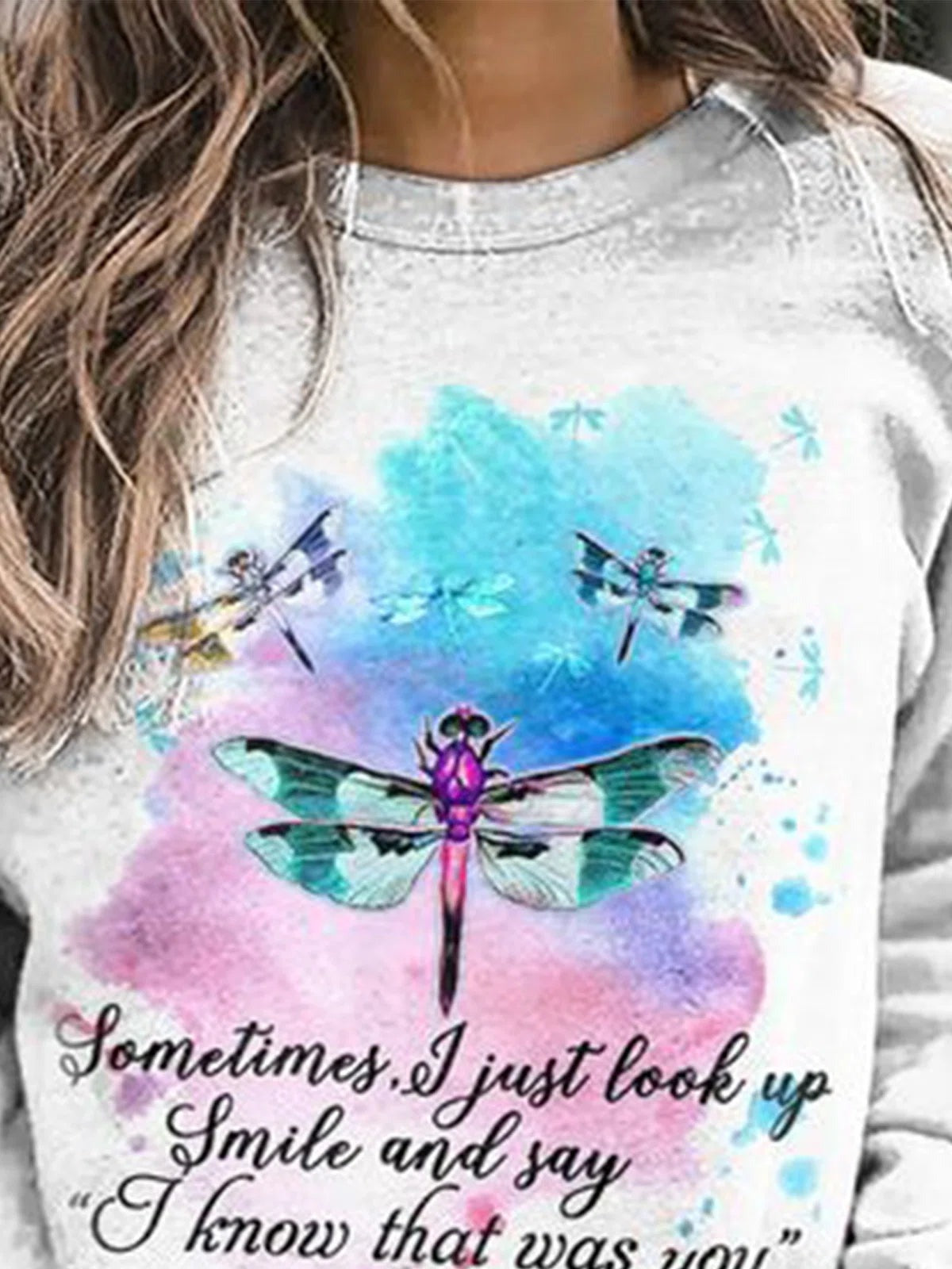 Dragonfly Letter Print O-neck Long Sleeves Sweatshirt