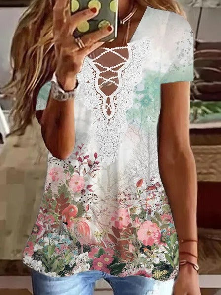 Floral Print V-neck Lace Casual Short Sleeves T-shirt