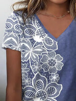 Geometric Floral Print V-neck Short Sleeves T-shirt