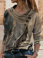 Marbling Print Buttons Casual Long Sleeves Sweatshirt