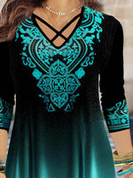Ethnic Print V-neck Casual Long Sleeves Blouse