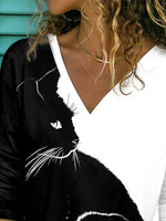 Cat Print V-neck Casual Long Sleeves Sweatshirt