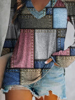 Color Block Patchwork V-neck Long Sleeves Sweatshirt