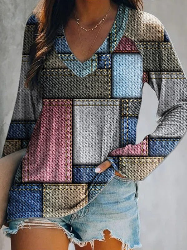 Color Block Patchwork V-neck Long Sleeves Sweatshirt