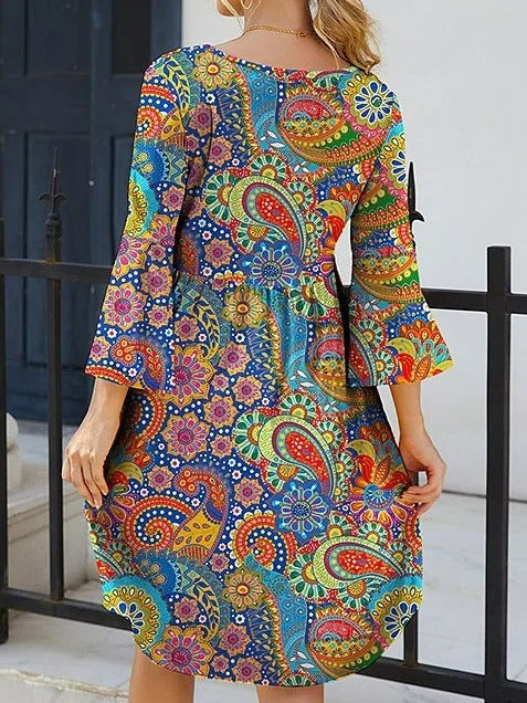 Paisley Print Round Neck 3/4 Sleeves Mini Dress