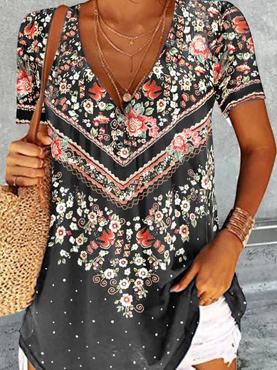 Floral Print V-neck Casual Short Sleeves T-shirt