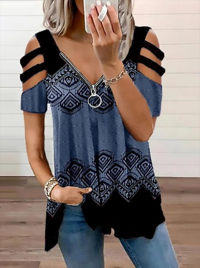 Ethnic Tribal Print V-neck Zipper Short Sleeves T-shirt