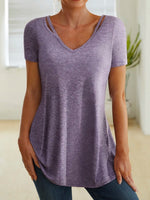 Solid Color V-neck Vacation Short Sleeves T-shirt
