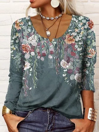 Leaf Print Cotton-Blend Loose Blouse
