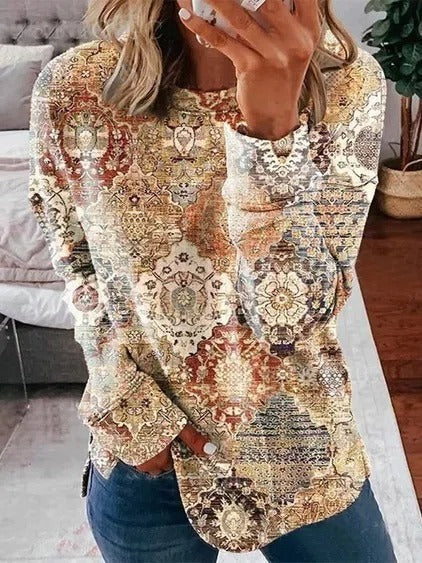 Ethnic Style Print Round Neck Long Sleeves Sweatshirt