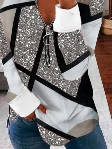 Color Block Half Zip Crew Neck Long Sleeves Sweatshirt