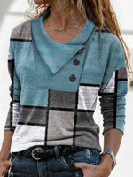 Color Block Buttons Lapel Neck Long Sleeves Sweatshirt