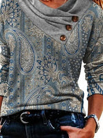Paisley Print Buttons Cowl Neck Long Sleeves Sweatshirt