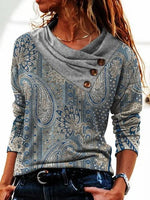 Paisley Print Buttons Cowl Neck Long Sleeves Sweatshirt