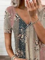 Floral Print Zipper V-neck Short Sleeves Blouse