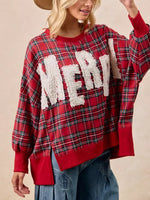 "MERRY" Fuzzy Letter Patches Christmas Plaid Sweatshirt