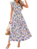Women's Boho Print V Neck Ruffle Maxi Dress