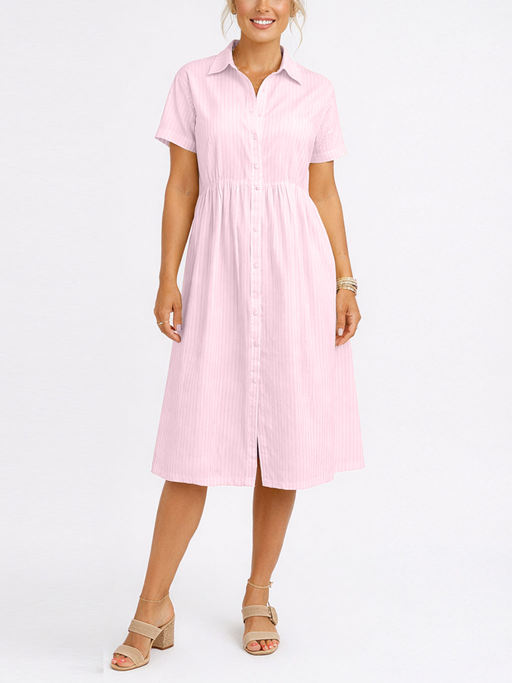 Women's Striped Cotton Shirt Dress with Pockets