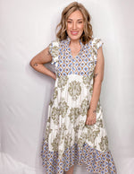 Women's Casual Printed Ruffle Sleeve Midi Dress