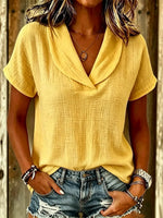 Women's Solid Plain Cotton Lapel Short Sleeve Blouse