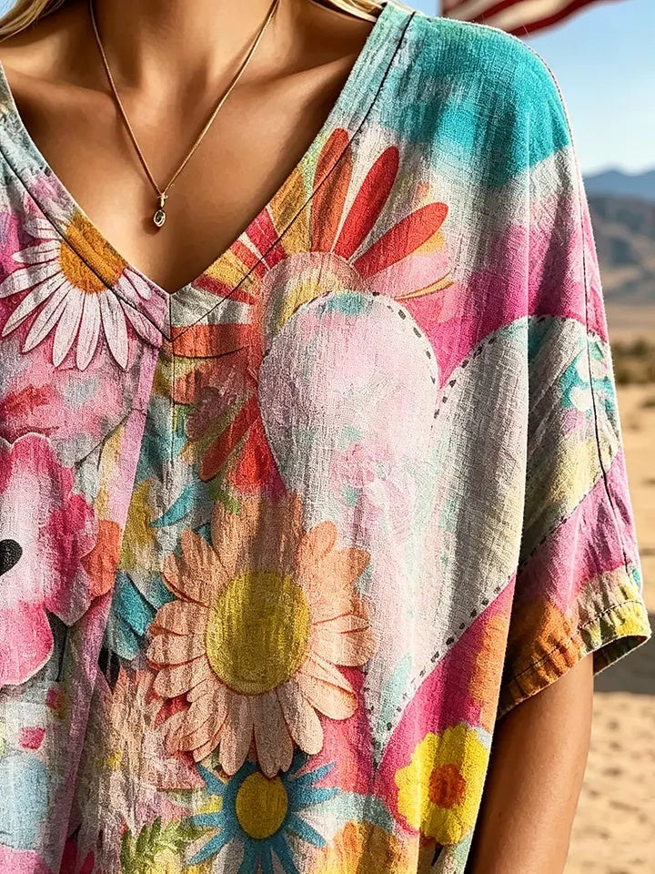 Women's Vintage Floral & Heart Collage Print Cotton V-Neck Loose Top