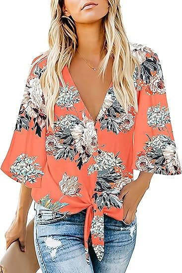 Women's Casual Floral Blouse Batwing Sleeve Loose Fitting Shirts Boho Knot Front Tops