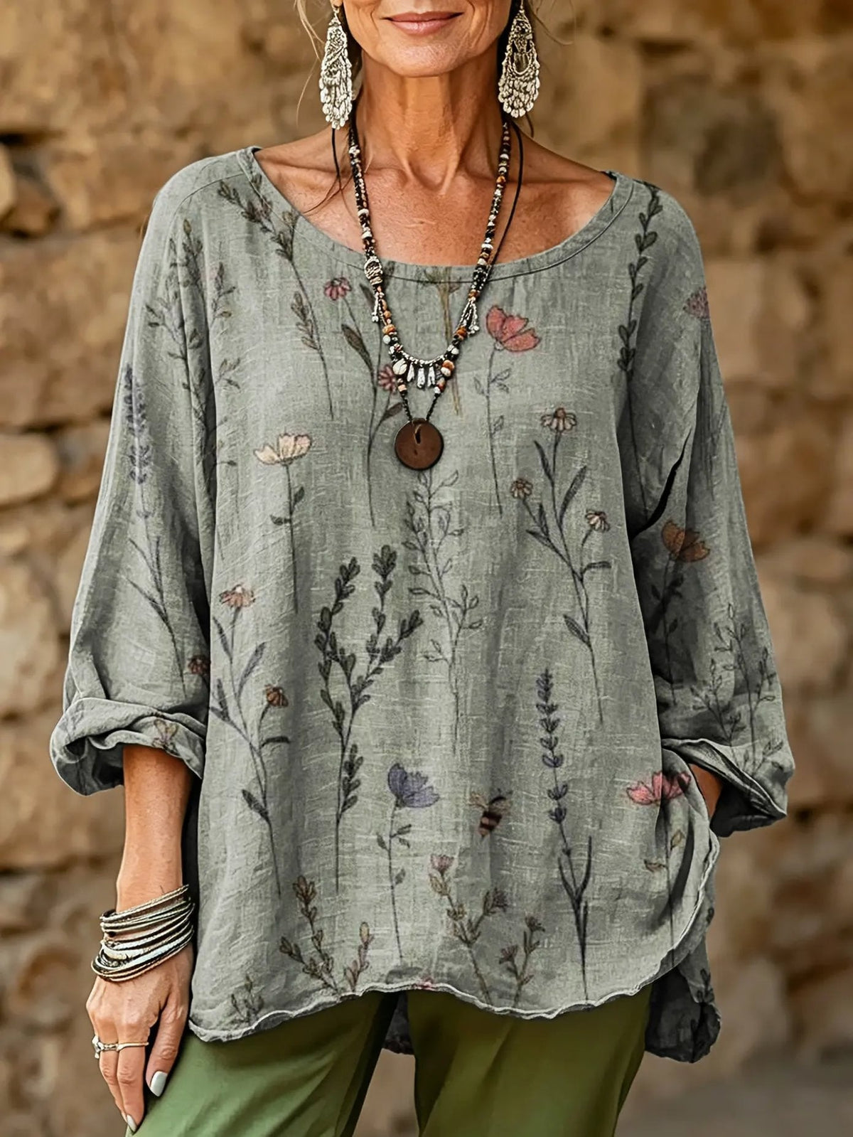 Women's Vintage Floral Art Print Casual Fashion Top