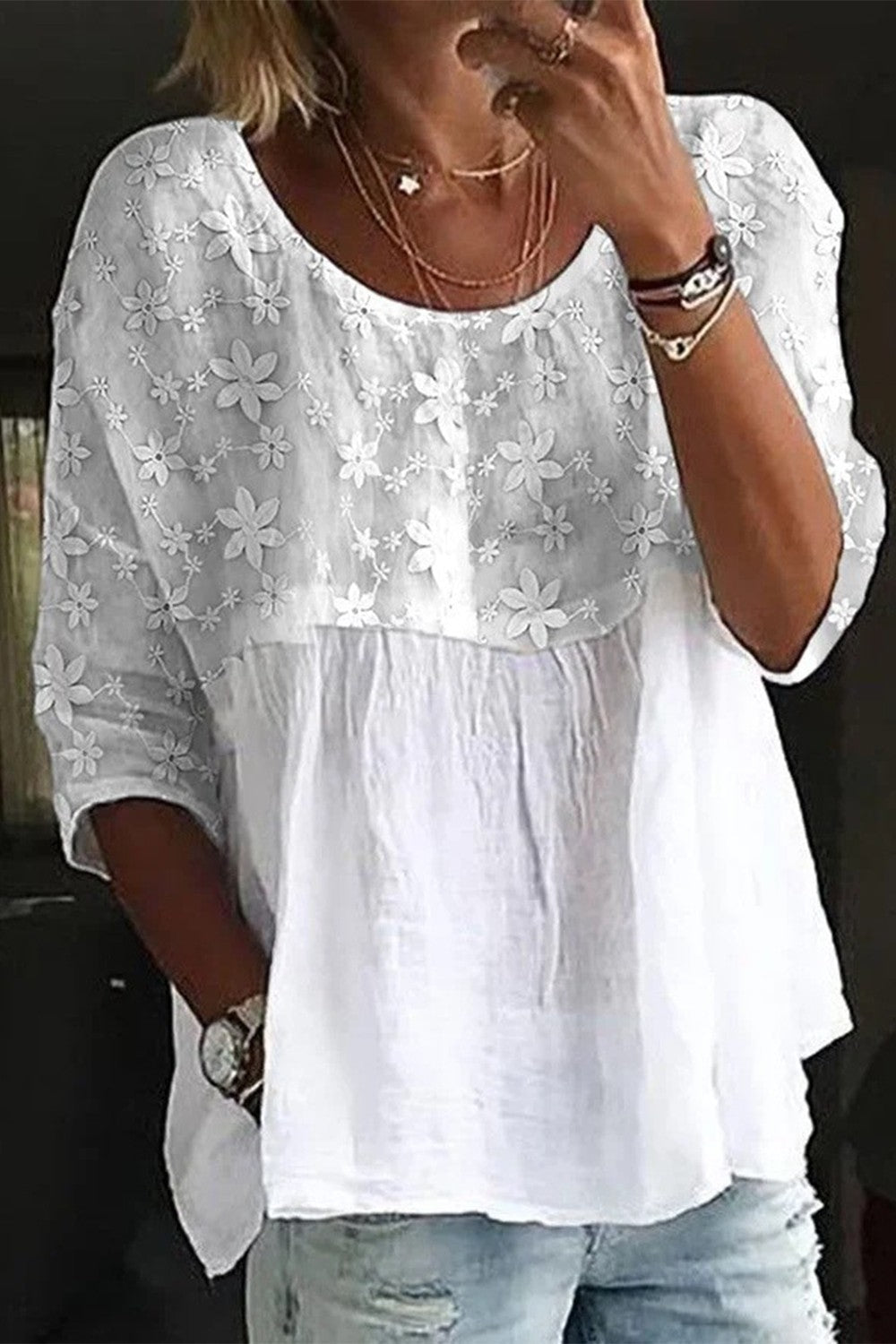 Women's Lace Embroidery PatchworkLoose Crew Neck Split Joint Shirt