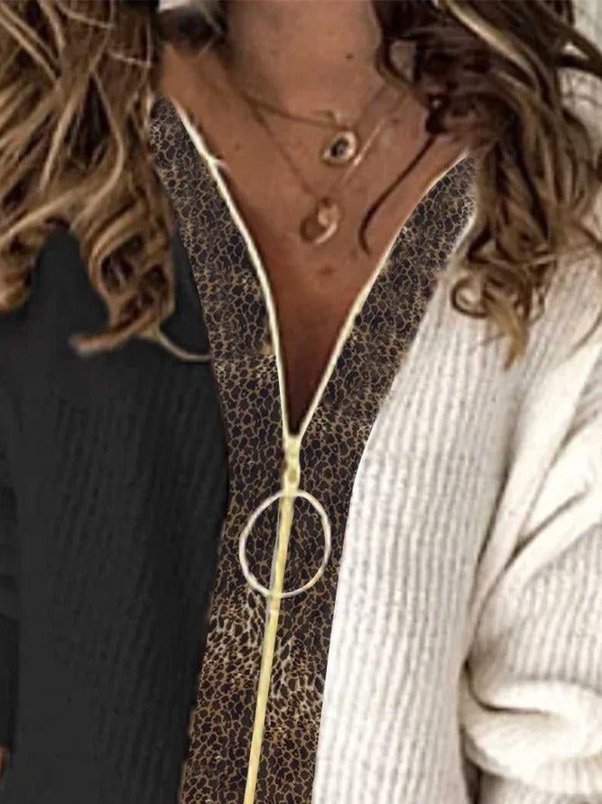 Zipper Leopard Buttons Long Sleeve Sweater