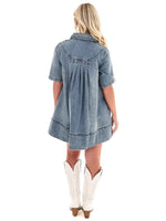 Women's V Neck Short Sleeve Jean Babydoll Dress