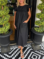 Women's Flutter Sleeve Pocket Midi Shift Dress