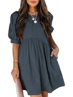 Women's Round Neck Puff Sleeve Baby Doll Dress