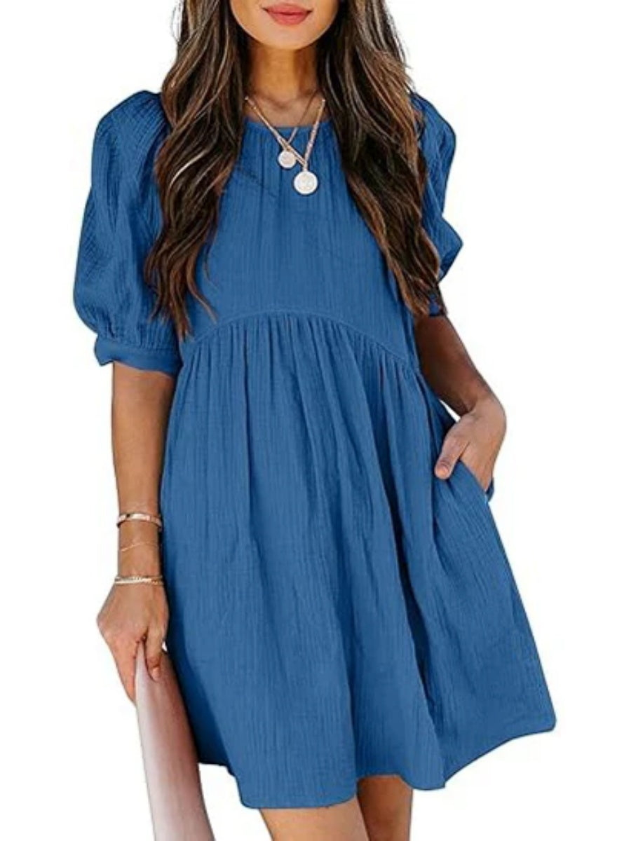 Women's Round Neck Puff Sleeve Baby Doll Dress