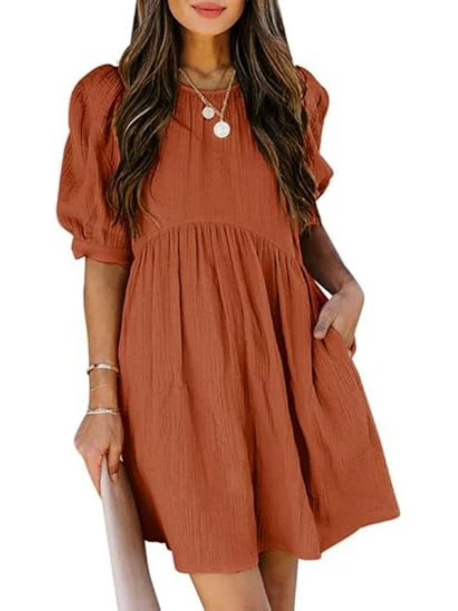 Women's Round Neck Puff Sleeve Baby Doll Dress