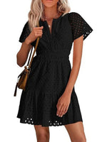 Women's V Neck Smocked Waist Eyelet Dress