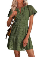 Women's V Neck Smocked Waist Eyelet Dress