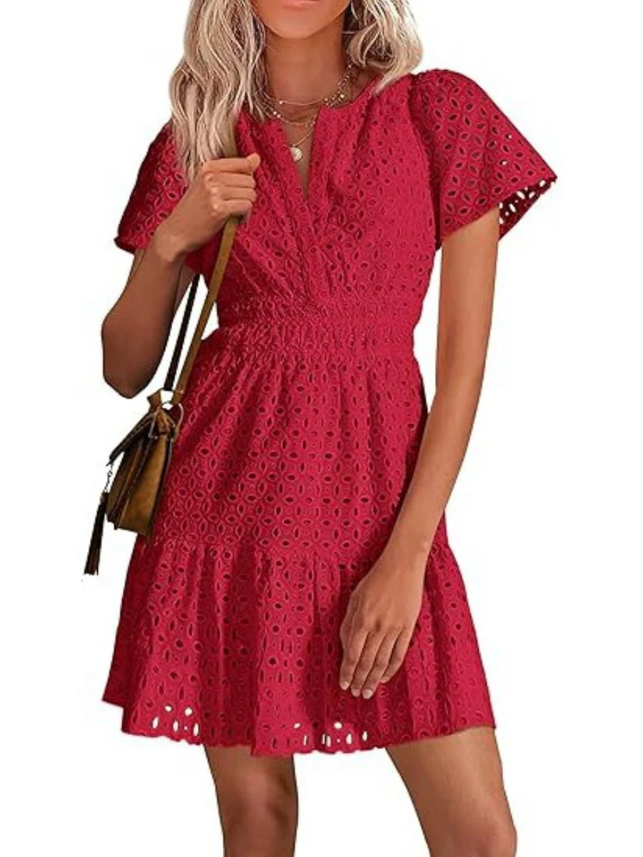 Women's V Neck Smocked Waist Eyelet Dress
